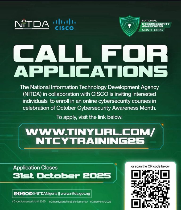 NITDA, in collaboration with CISCO, is offering free online cybersecurity training this October.
