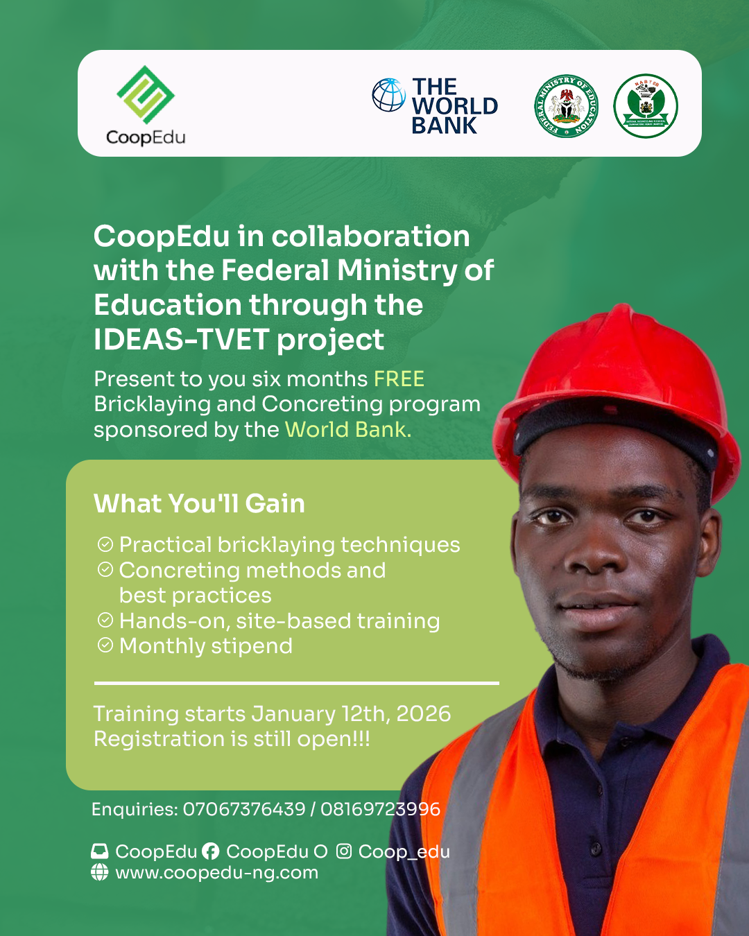 6-Month Free Bricklaying & Concreting Training Programme Launched in Ibadan