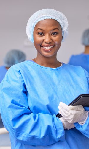 Smile, portrait and a black woman in surgery with a tablet for information, research and a schedule.